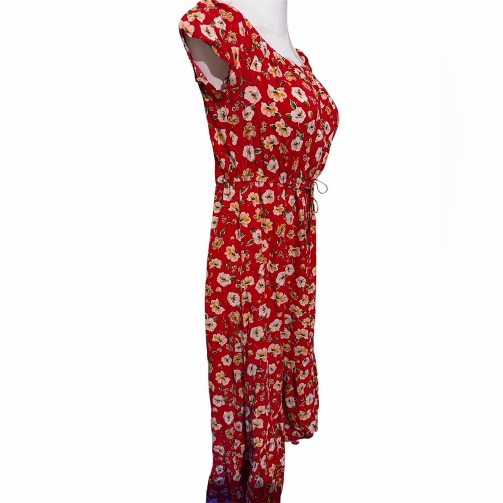 Red Floral Midi Dress with Tie-Waist - Picture 2 of 5